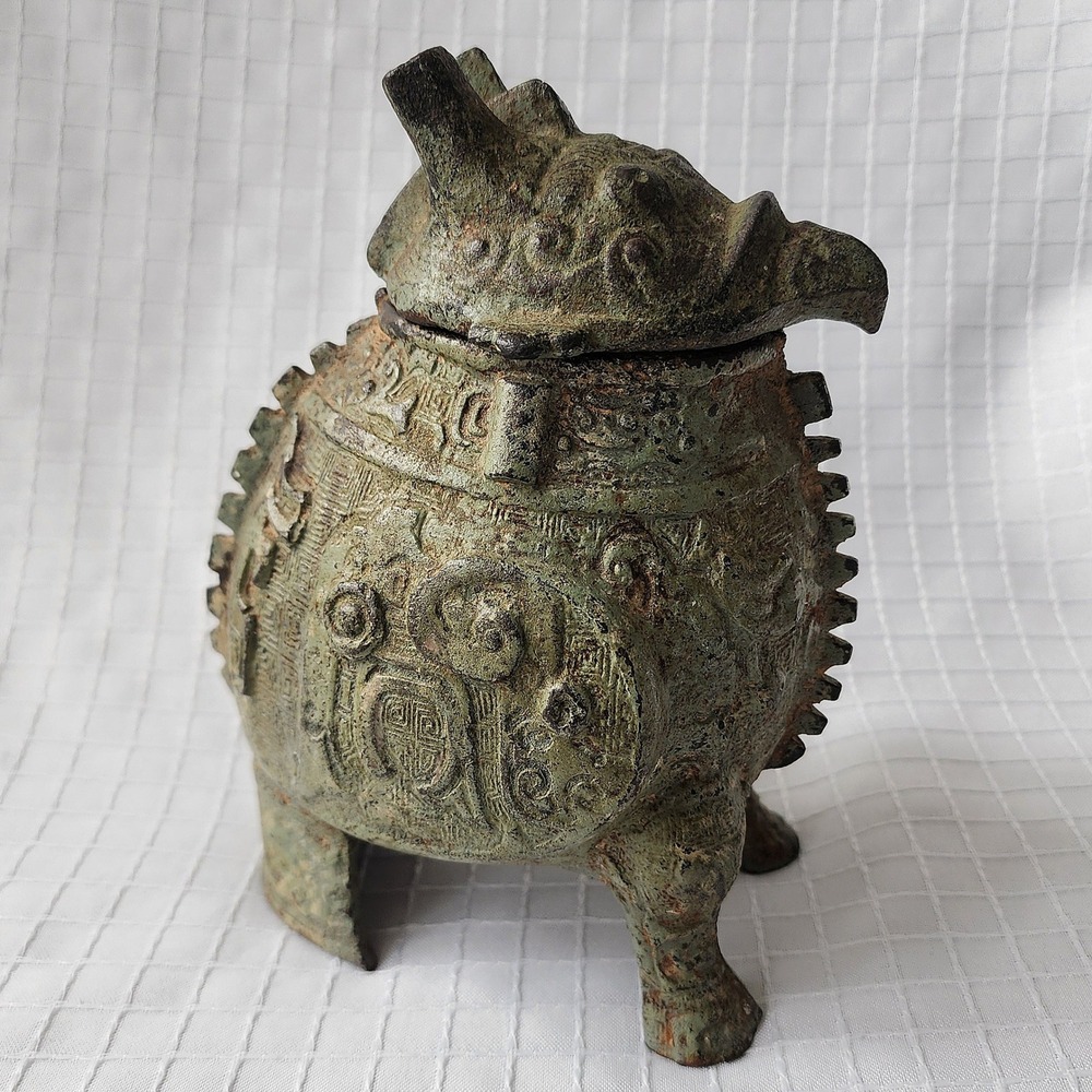 Archaistic Bronze Owl Bird Zun Vessel Shang Dynasty Style Ritual Tripod Ewer FN